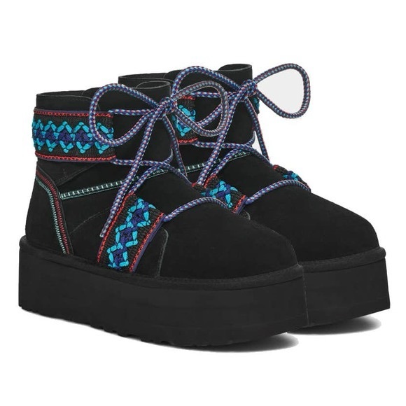 UGG Shoes - NWOT- UGG- Classic Mini II Braid Platform-Black with blue/red embroidery-Size 7
